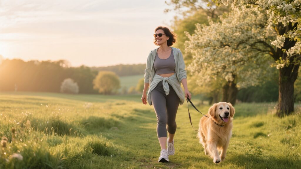 Kvinna är ute och går med sin hund för att gå ner i vikt med promenader