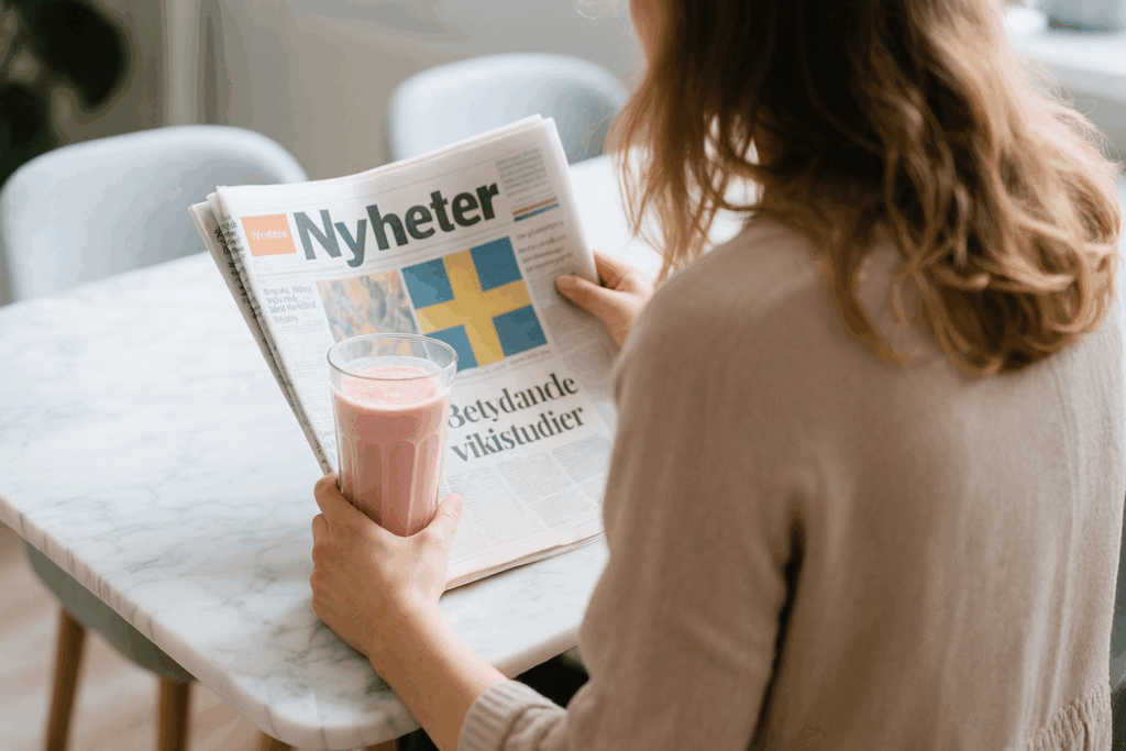 En kvinna läser tidningen efter sin morgonpromenad och kombinerar promenaden med hälsosam diet shake