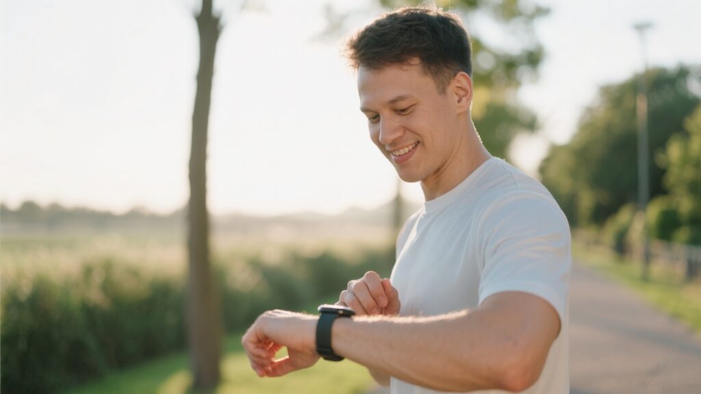 Man kollar stegen han tagit under sin promenad för viktminskning på sin smart watch