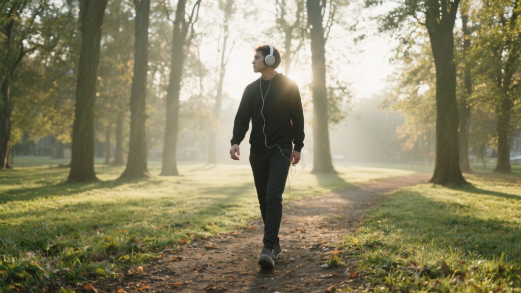 Man går i skogen för promenera för att gå ner i vikt