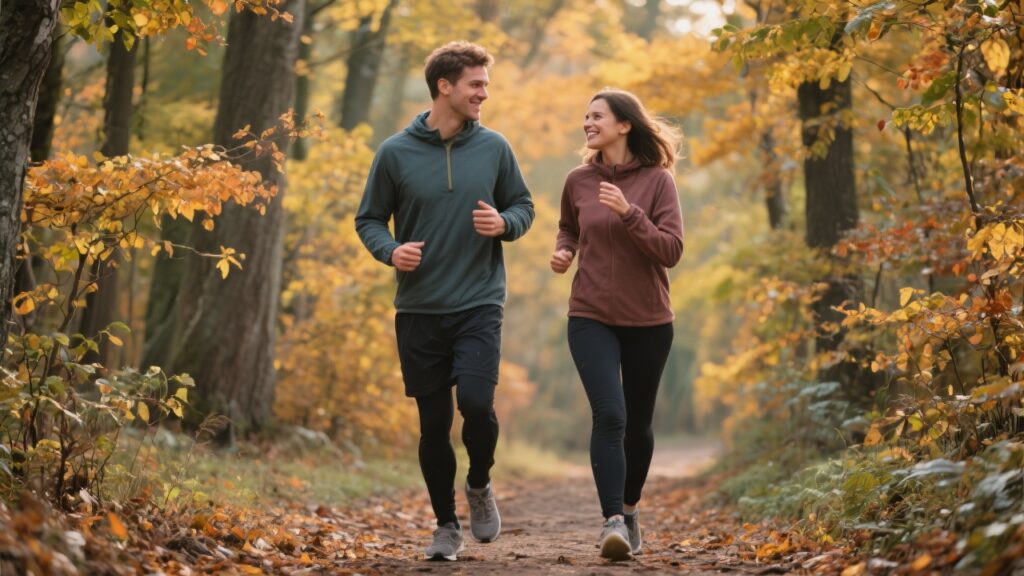 Ett par går tillsammans i en skog för att gå ner i vikt med promenader